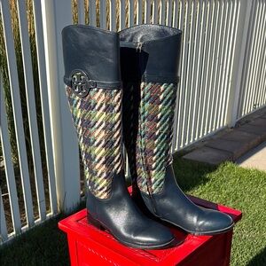 Tory Burch Navy Leather and Fabric Zip Interior Boots Size 6.5